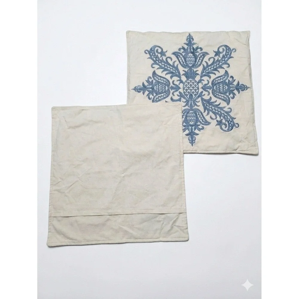 Pier 1 Imports Blue Embroidered Medallion Pineapple Pillowcases Set of 2‎ 18x18